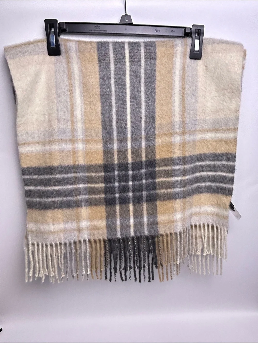 Talbots 100% Cashmere Plaid Scarf Beige Gray Blue Fringe 71”